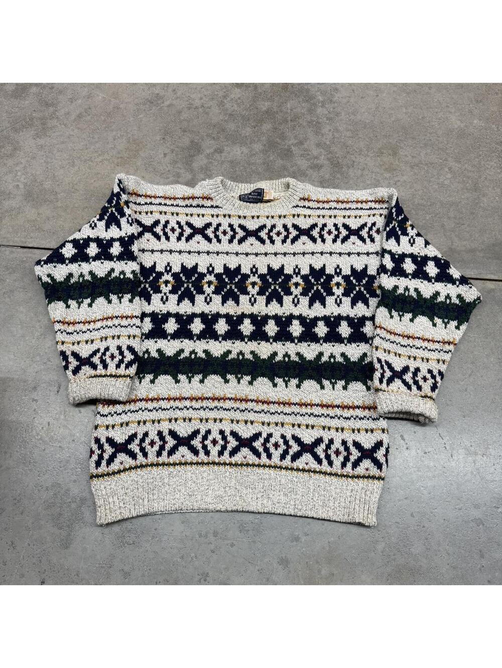 vintage white navy green and yellow peconic bay traders made in usa knit sweater